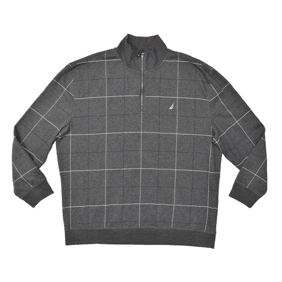Nautica Men's Size 3XL Gray Grid Plaid Quarter Zip Pullover Sweater Cotton Blend - Picture 1 of 8